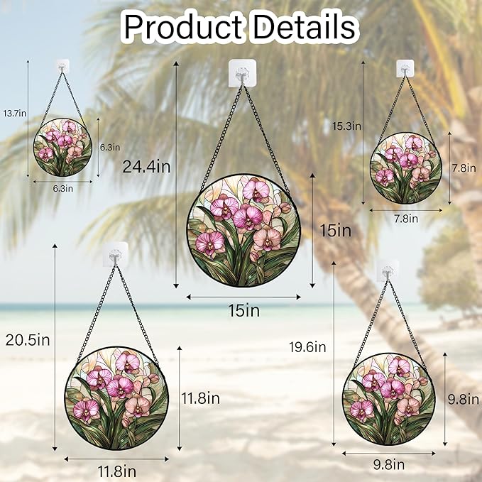 Stained Glass Window Hanging - Pink Phalaenopsis Orchid Green Leaves Sun Catcher for Door Home Decor Flower Suncatcher Christmas Mother's Day Birthday Gifts for Women Men Mom Nana 7.8 in