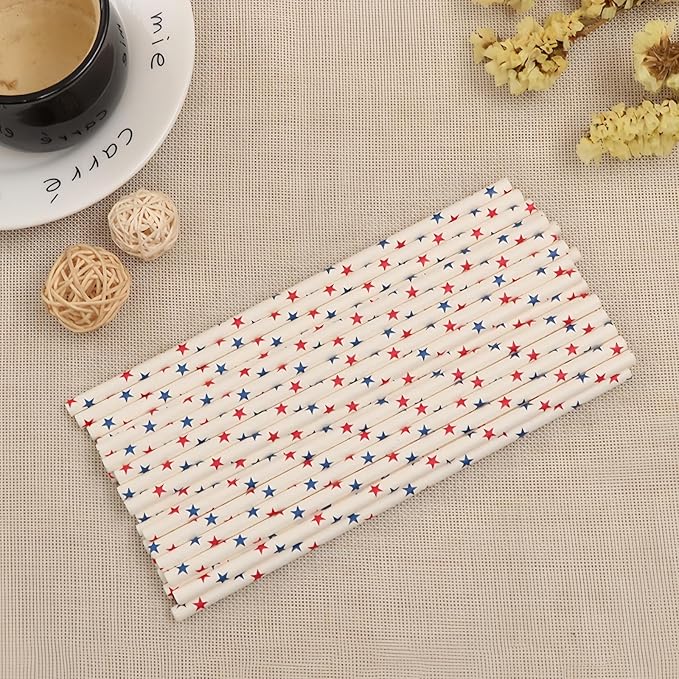 200Pcs Independence Day Paper Straws, American Flag Star Stripe Red White and Blue Drinking Straws for Memorial Day, Election Day, 4th of July Independence Day Party Supplies Decorations