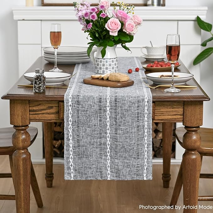 Artoid Mode Dark Grey Rustic Cotton Linen Table Runner, Seasonal Embroidered Hollow Kitchen Dining Table Decoration for Home Party Decor 13x90 Inch