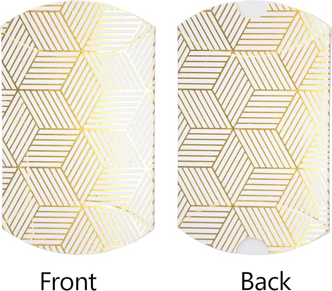 Aokbean 100 Pack Mini Pillow Candy Box Small Gift Boxes with 50 Yards Ribbon for Christmas Wedding Party Favor Gift, Jewelry or Soap Packaging (Gold Stripes)