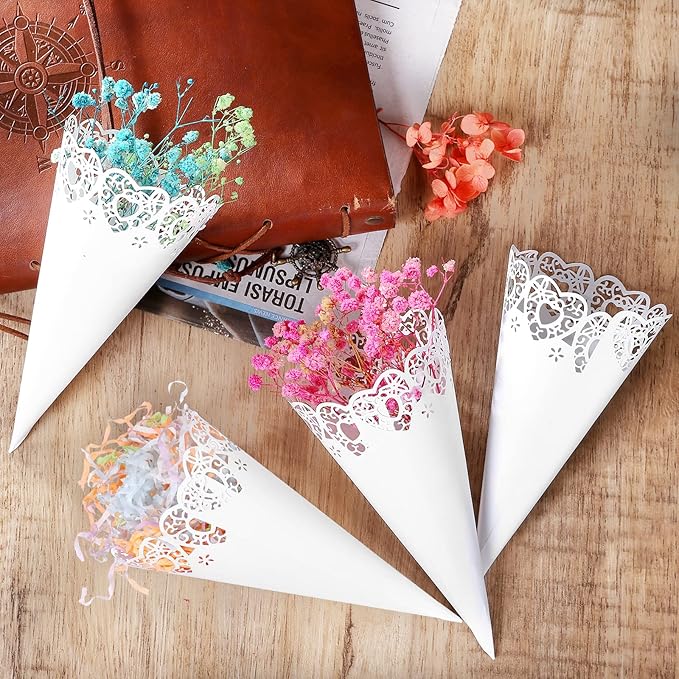 GWHOLE 100 Pcs Wedding Confetti Cones, Heart Paper Petal Cone for Wedding Party, White