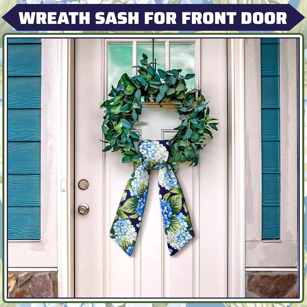 Summer Wreath Sash for Front Door 4.5'' x 56'' Spring Blue Hydrangea Wreath Sash for Embroidery Monogrammed Yard Doorway Porch Wall Door Ribbon Bow Home Decor Indoor Outdoor