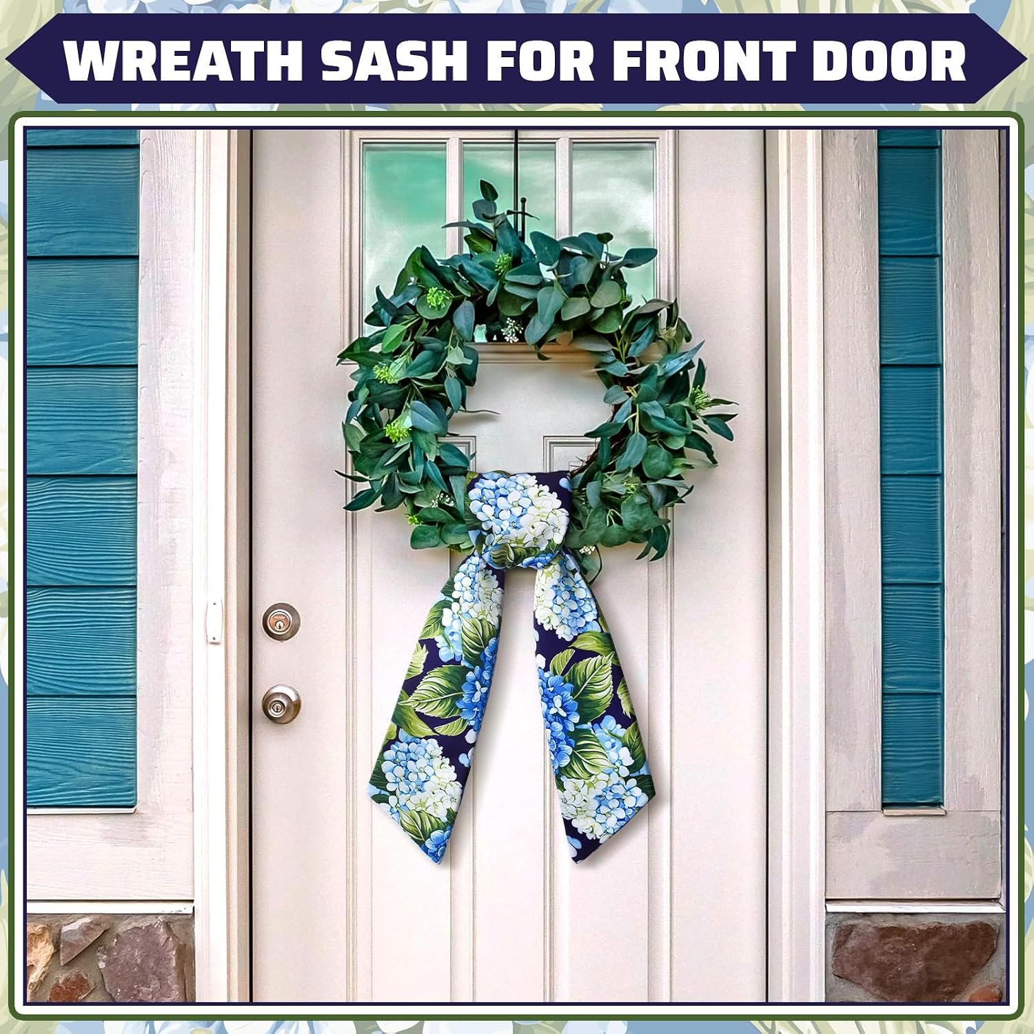 Summer Wreath Sash for Front Door 4.5'' x 56'' Spring Blue Hydrangea Wreath Sash for Embroidery Monogrammed Yard Doorway Porch Wall Door Ribbon Bow Home Decor Indoor Outdoor