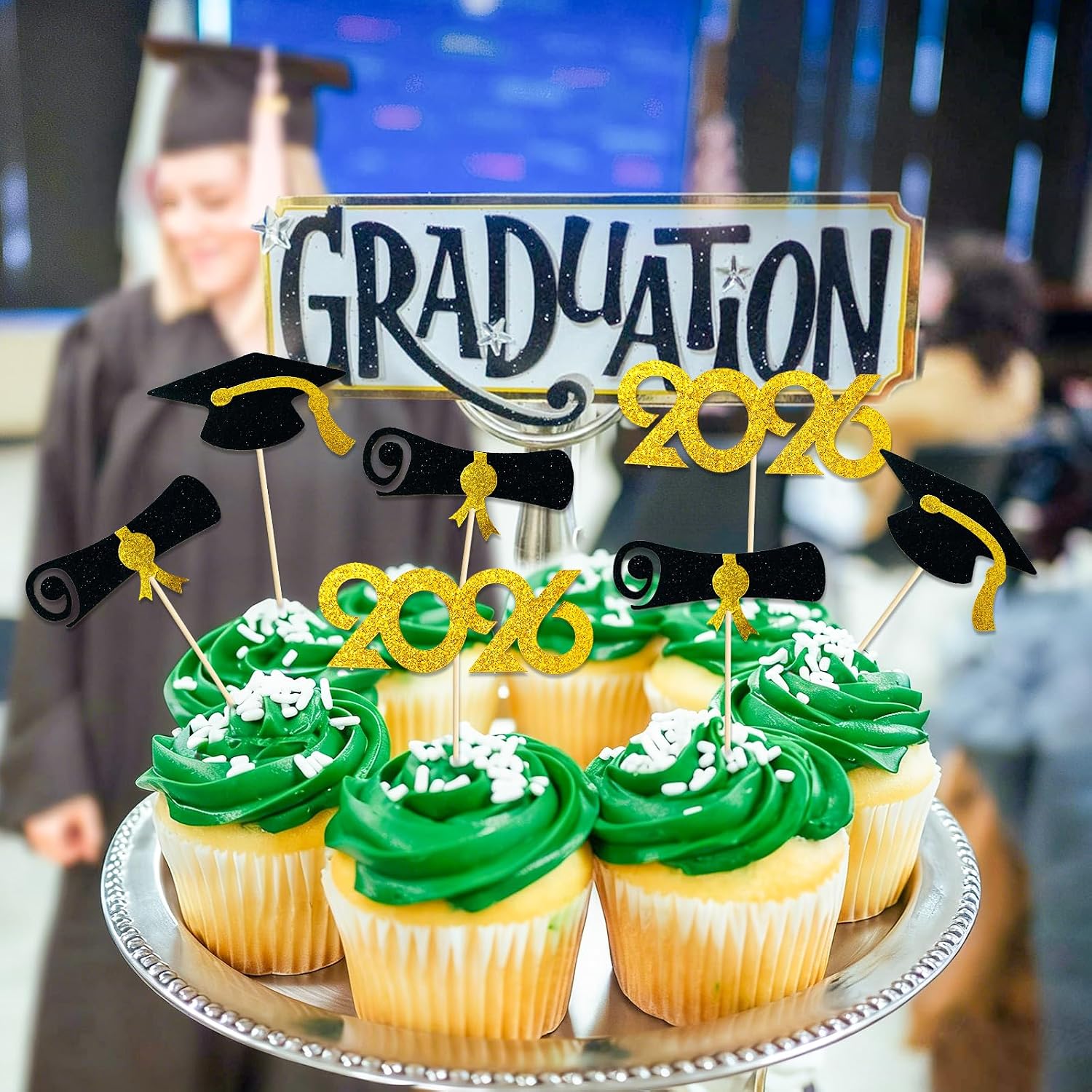 2026 Graduation Cupcake Toppers 48 Pack, Pre-Assembled Food & Appetizer Picks, Black Gold Grad Cap & Diploma Cupcake Decorations for Graduation Party