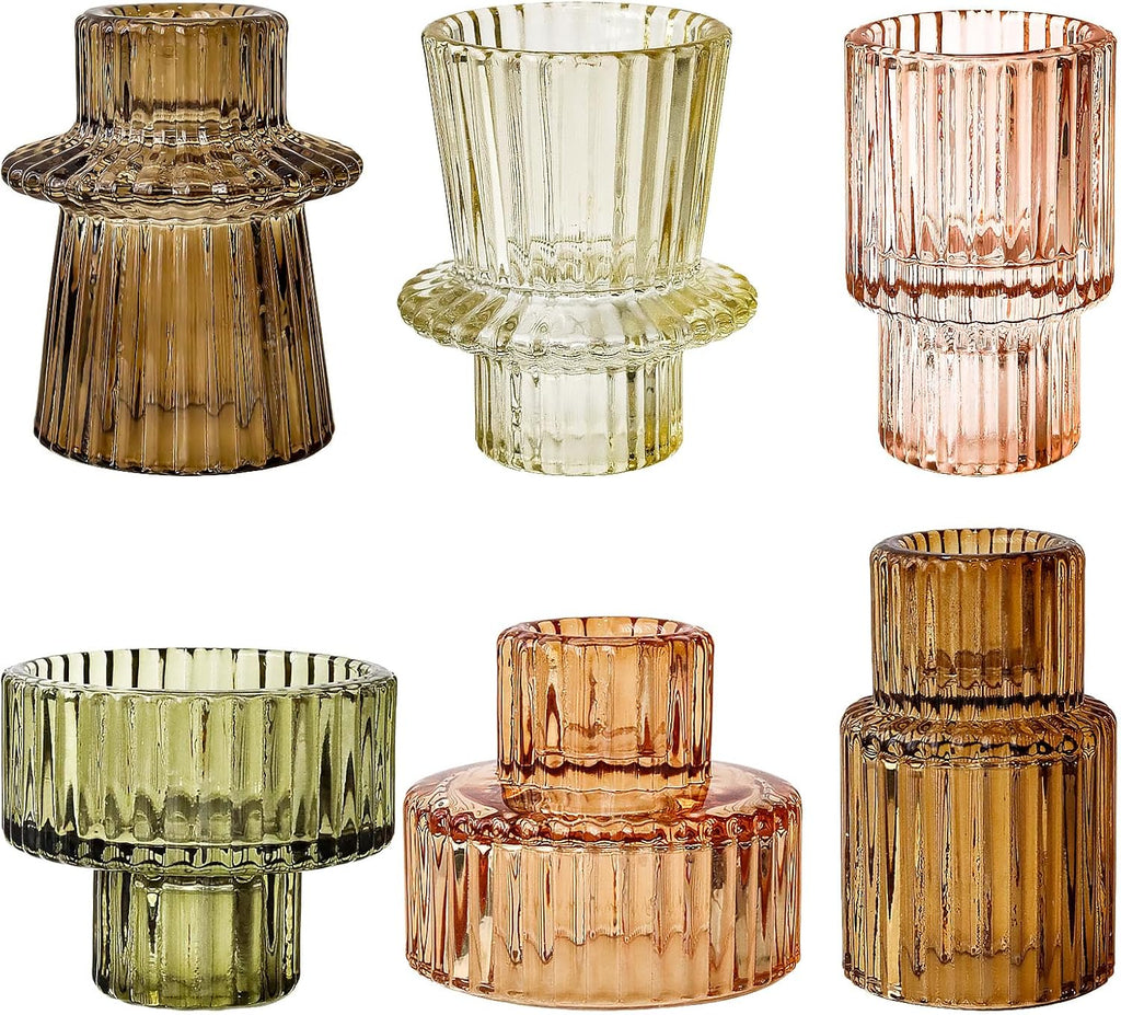 Brown Candlestick Holders 6PCS for Tealight Candle Stick Candles, Ribbed Glass Taper Candle Holders Set, Table Centerpieces for Thanksgiving Christmas Farmhouse Decor Indoor and Outdoor