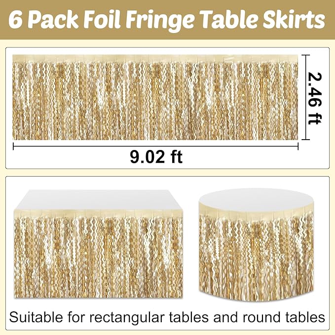 6 Pack 29x108 Inch Champagne Gold Wave Foil Fringe Table Skirts Metallic Banner for Tinsel Streamer Garland Backdrop for Parade Floats Wedding, Mother's Day, Birthday Mardi Gras Party Decorations