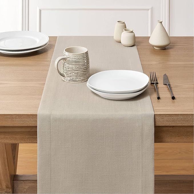 ZeeMart Linen Textured Border Table Runner, 14 x 48 Inch Natural, Farmhouse Style Neutral Table Runners 48 Inches Long, Easy Care Everyday Polyester Table Runner