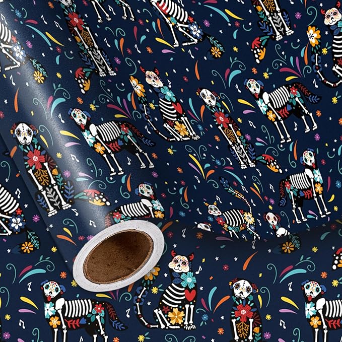 LeZakaa Day of the Dead Wrapping Paper Roll, Colorful Skeleton Dogs Cats with Flowers Music Notes Design in Navy Blue, Día de Muertos Gift Wrap for Friends, Family, Kids, Mini Roll 17 in x 16.4 Ft