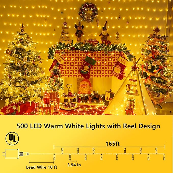 YEGUO 165ft 500 LED String Lights Outdoor Waterproof, Clear Wire Christmas Lights Indoor Plug in, 8 Modes Fairy Light for Party Wedding Classroom Tree(Warm White)