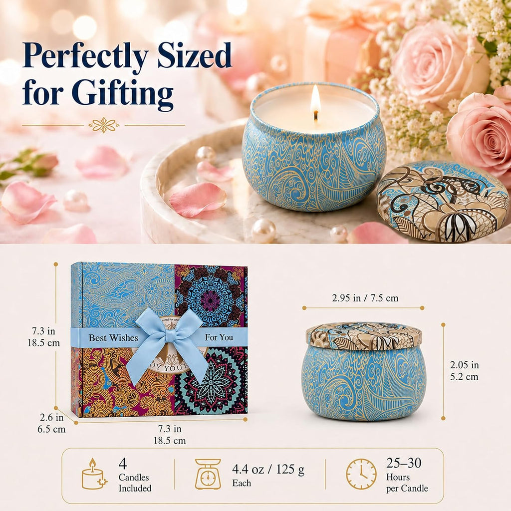Scented Candles Gift Set for Women, 4 Pack Soy Wax Candles in Classic Bohemian Tins, Aromatherapy Candle Set, Birthday Gifts for Mom, Thank You Gifts