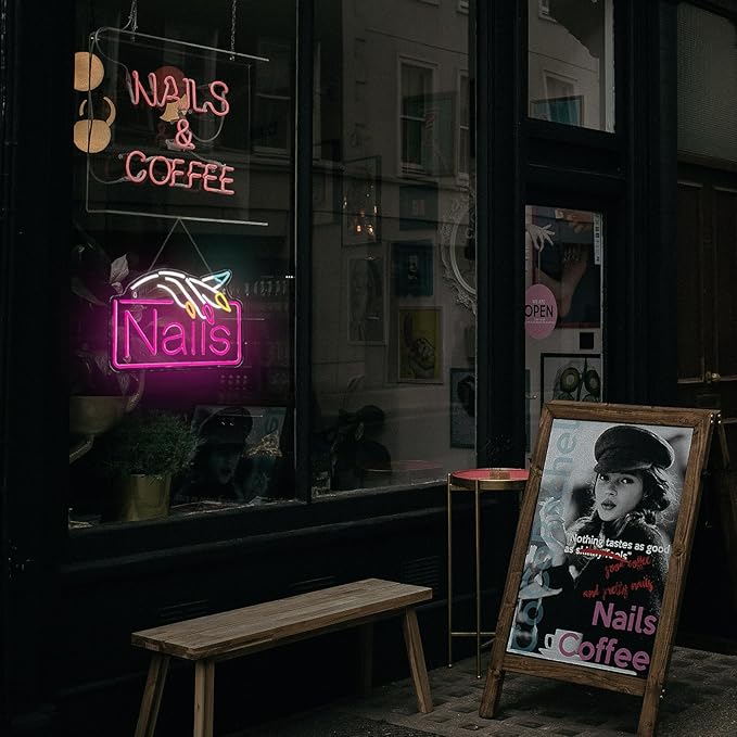Nails Neon Sign Nail Salon Room Decor Window Wall Art for Nail Shop Storefront USB Powered 15.7"x10.7"
