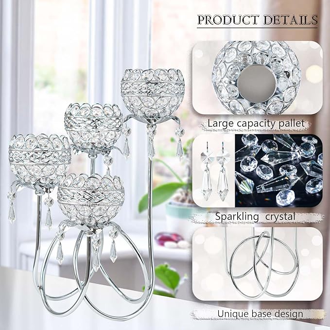 4 Arms Crystal Candelabra Tealight Holder - Tall 15.7 Inch Elegant Centerpiece with Crystal Pendant Bowls & Artistic Metal Stand for Wedding, Dining Table, Home Decor (1, Silver)