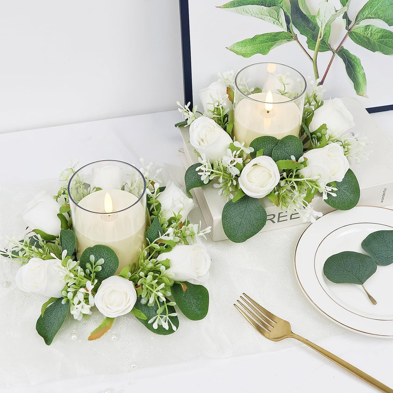 White Rose Candle Rings with Flameless Candles Sets - 12PCS Artificial Flower Eucalyptus Wedding Centerpiece 3 Inch Pillar Candleholders Wreaths for Wedding Party Decor (White - 6 Sets)