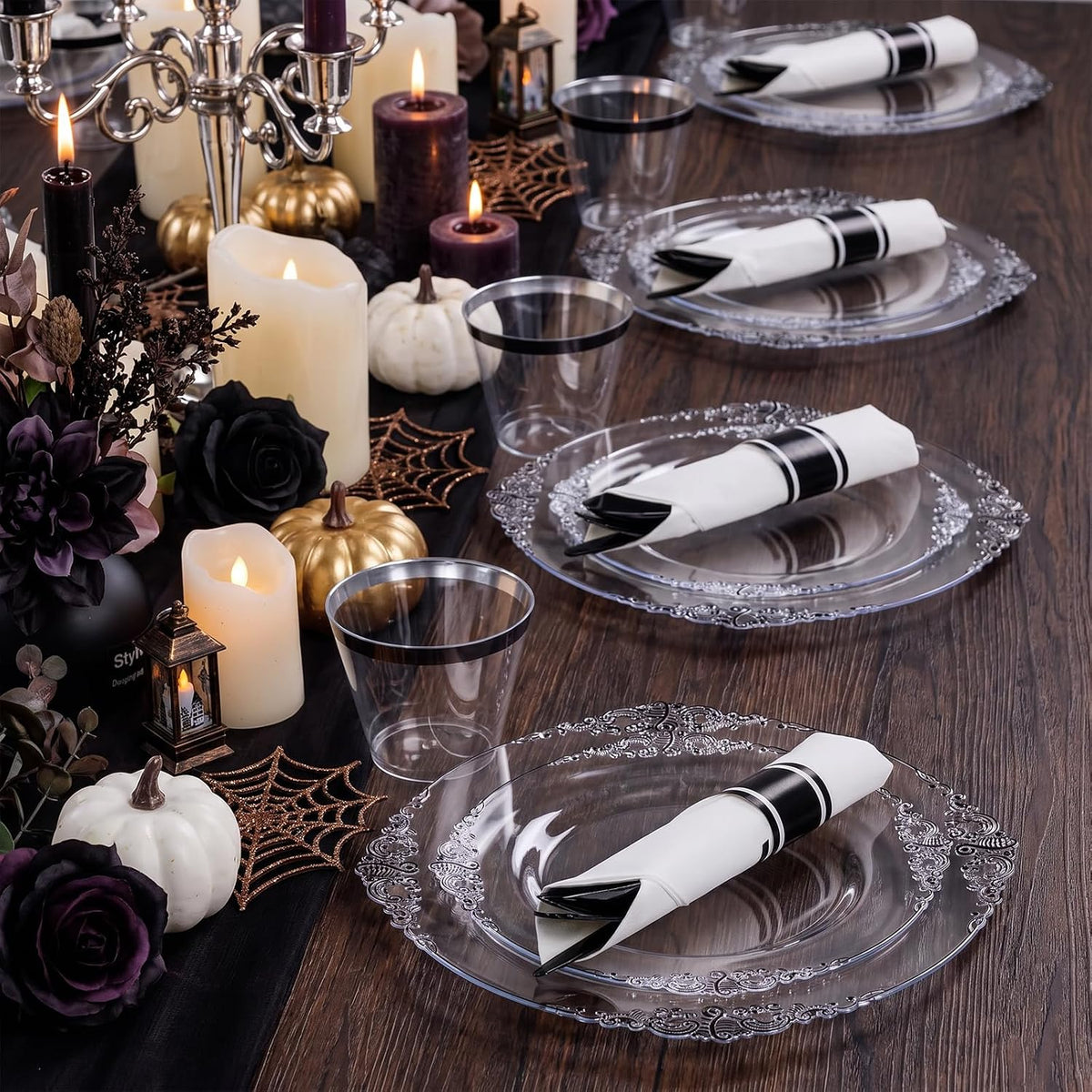Hioasis 175 Pcs Clear Black Plates for Party