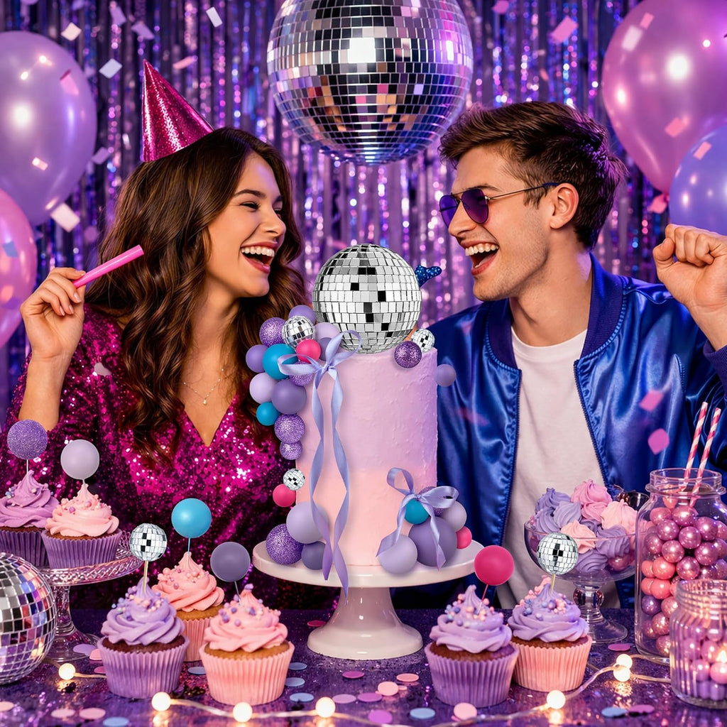 32 PCS Disco Purple Pink Blue Ball Cake Topper for Wedding Birthday Baby Shower Party Cake Decoration Supplies