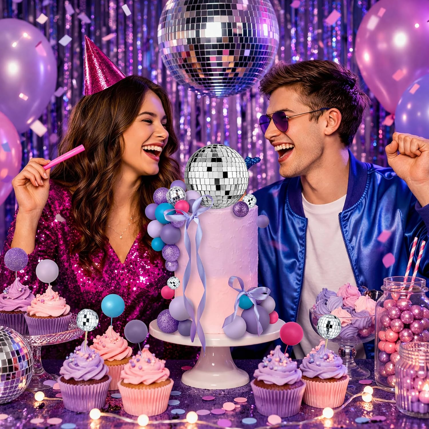 32 PCS Disco Purple Pink Blue Ball Cake Topper for Wedding Birthday Baby Shower Party Cake Decoration Supplies