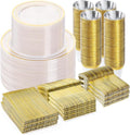 BESTVIP 600PCS Clear Gold Dinnerware Set for 100 Guests, Plastic Plates for Party, Christmas and New Year, 100 Disposable Plates, 100 Dessert Plates, 100 Cups, 100 Spoons, 100 Forks and 100 Knives