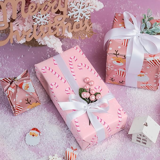 LeZakaa Christmas Pink Wrapping Paper Jumbo Roll, Santa Claus & Candy Cane, Metallic Foil, Rose Gold Foil Reversible Design for Festive Winter Holiday, Family Gathering, 30 inches x 100 Feet