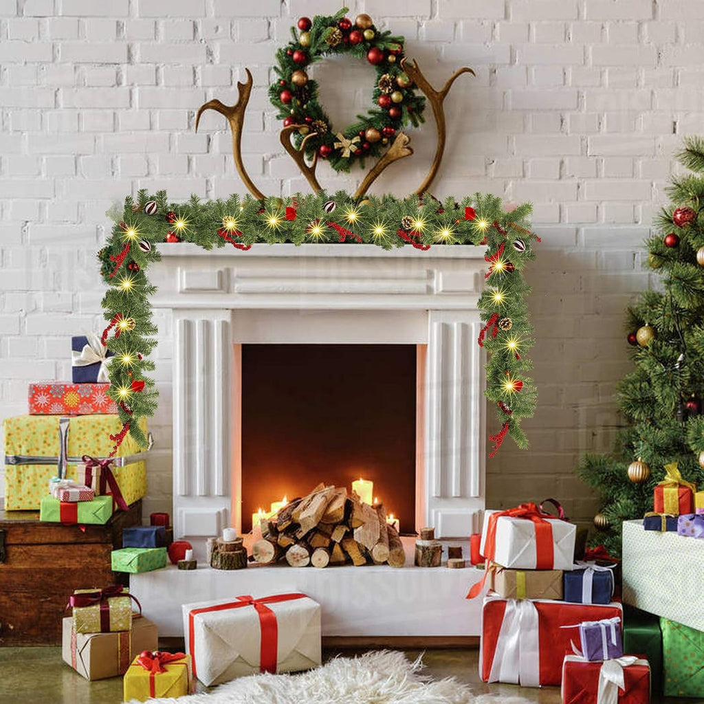 funpeny 9 ft artificial christmas garland, pre-lit 50 shown in use