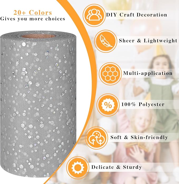 Glitter Tulle Rolls, 6” by 50 Yards (150FT) Sequin Tule Netting Fabric Tulle for Tutu Skirts Sewing Birthday Wedding Party Decoration (Sliver)