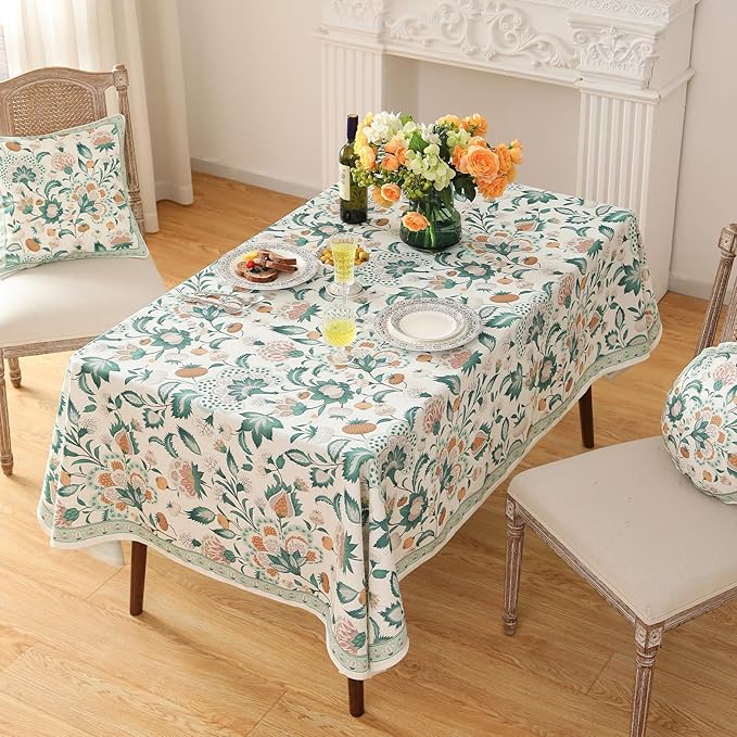 patdrea Designer Linen Green Small Cloth for Rectangle Table,Vintage Italian Floral Country Linen Tablecloth,Decor Cover for Kitchen Dining,Christmas,Thanksgiving,Tea Party,55"x71"-Tree Life