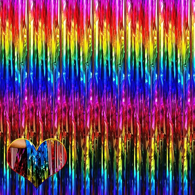 4 Pack Rainbow Fringe Curtain Backdrop, 3.2Ft x 6.6Ft Colorful Metallic Tinsel Foil Fringe Streamers for Photo Booth Birthday Wedding Baby Shower Carnival Easter Mother’s Day Party Decorations