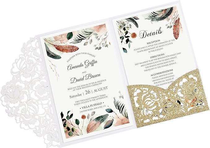 DORIS HOME 50pcs Laser Cut Wedding Invitations with Envelopes Gold Glitter, 4.7x7.1 Personalized Invitation Cards for Wedding, Anniversary Invitations with Envelopes