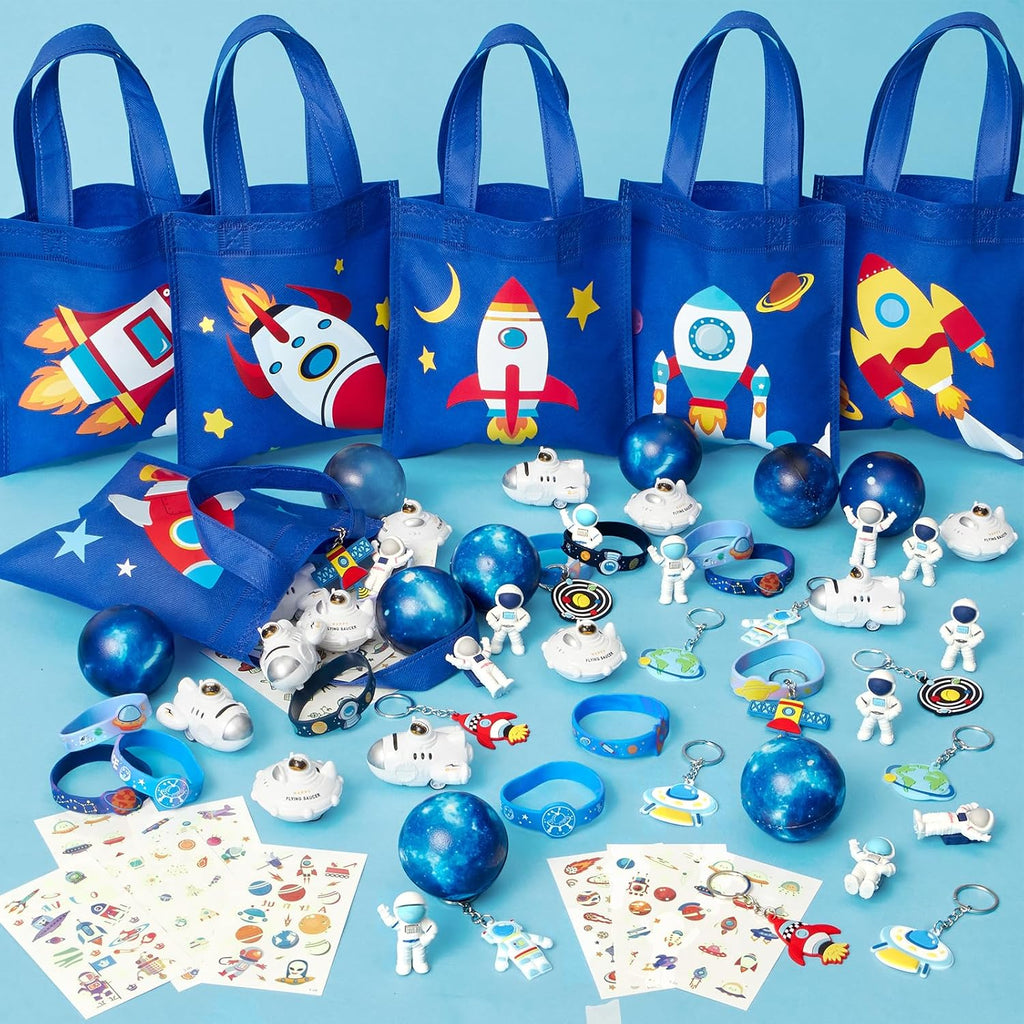 SNLN Outer Space Party Favors Birthday Supplies Non-Woven Gift Bag Stress Ball Spaceship Toy Astronaut Eraser Silicone Bracelet Keychain Tattoo Sticker Galaxy Space Goodie Bags Party Decoration