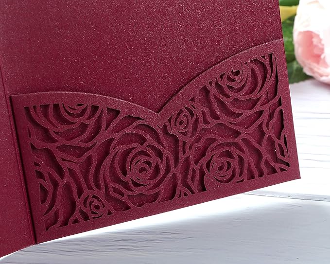20 Pcs Laser Cut Wedding Invitations Card Pocket with Envelope for Birthday Party Baby or Bride Shower Invite suitable for 5 * 7 Inches Insert Paper (Burgundy)