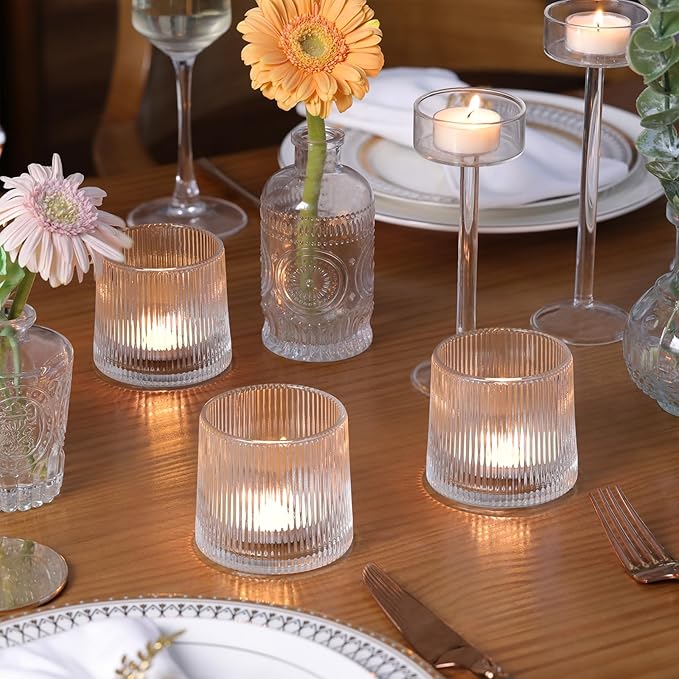 DARJEN Clear Ribbed Tealight Votive Candle Holders- 6Pack Glass Candle Holders for Table Centerpiece, Home Decor, Wedding Decor, Party Dinner