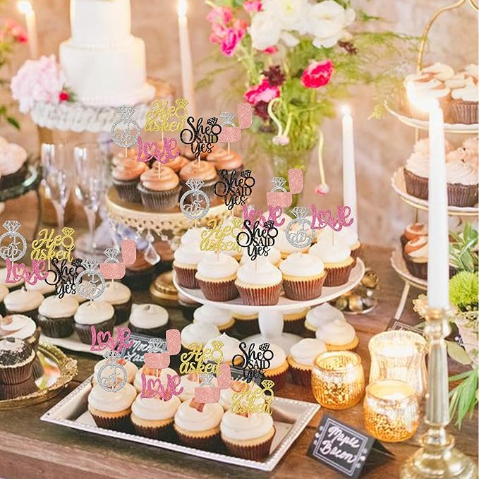 30 PCS He Asked She Said Yes Cupcake Toppers Diamond Ring Cupcake Picks Love I Do Bridal Shower Cake Decorations for Wedding Enaggement Theme Party Supplies Colorful