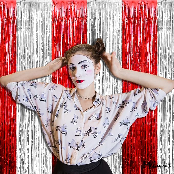 4 Pack 3.2Ft x 6.6Ft Red and Silver Fringe Curtain Backdrop, Metallic Tinsel Foil Fringe Streamers Curtains Background for Photo Booth Wedding Circus Welcome Carnival Birthday Party Decorations