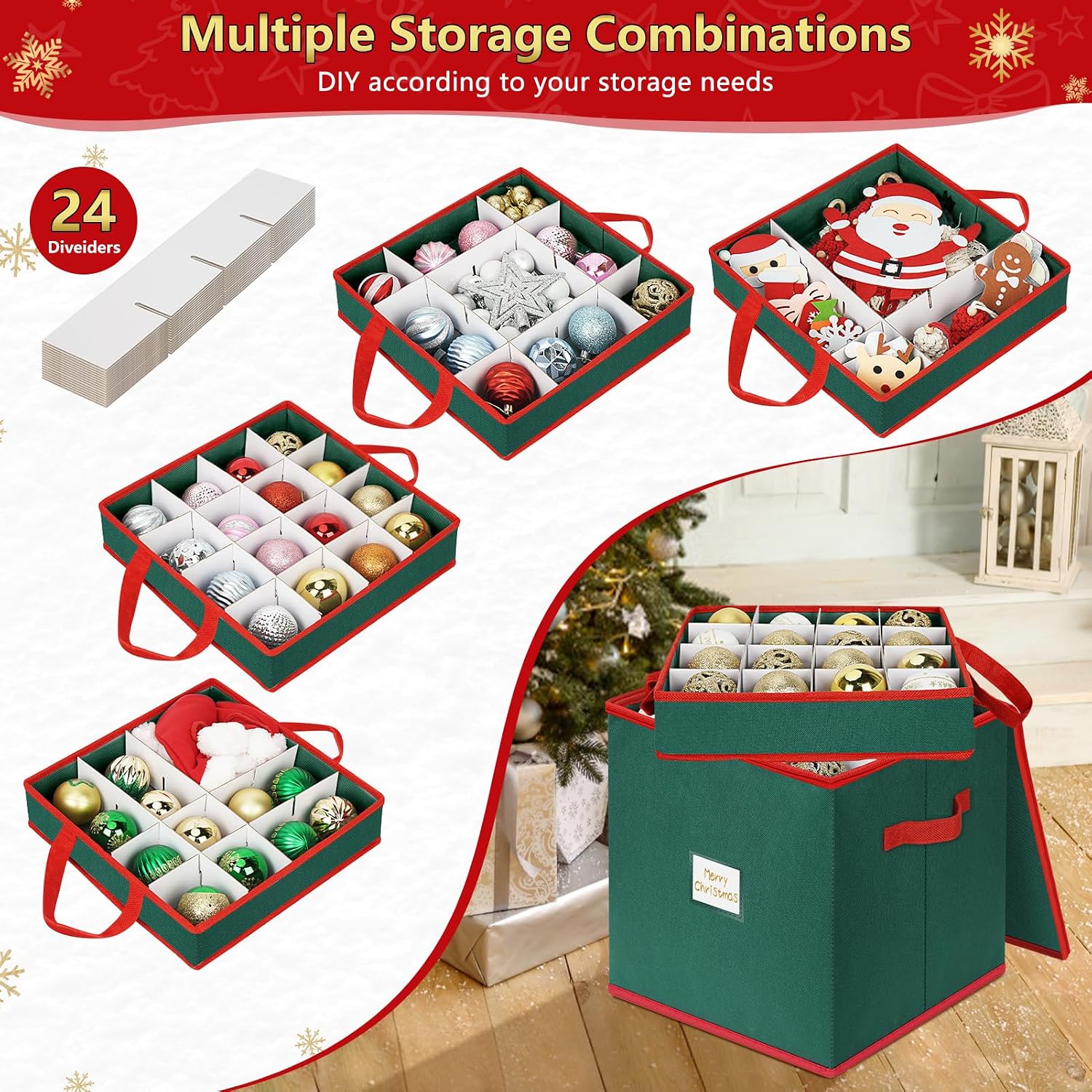 Christmas Ornament Storage Box Stores 64 Ornaments, with Adjustable Dividers, 4 Removable Trays, Dual Zippers, Non-Woven Christmas Ornament Organizer Holder, Christmas Ball Storage Container