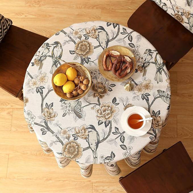 ISAENNE Designer Vintage Linen Small Round Table Cloth,Floral and Bird Pattern Elegant Tablecloth,Fall Wrinkle Resistant Home Decor Tablecloths for Dining Kitchen,Diameter 55"-Murad A