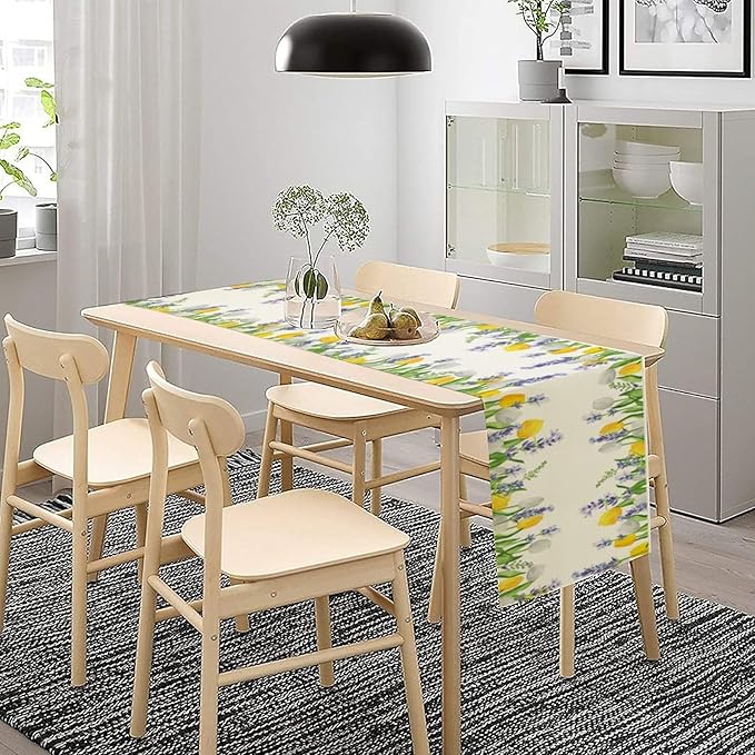 Floral Tulip Lavender Table Runner, Spring Watercolor Flower Plants Nature Butterfly Table Runner for Kitchen Dinner Living Room Home Party, 13x36 Inch