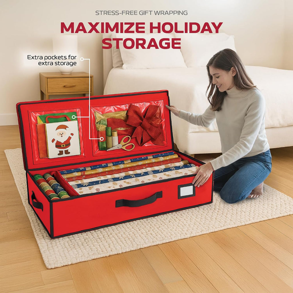 Christmas Wrapping Paper Organizer Storage Box, Straps/Pockets, 40" Heavy-Duty Gift Wrap Storage Holder for Bags, Bows, Tags, Ribbons, Holiday Decorations, Fits Up to 24 Rolls Underbed Container (Red)