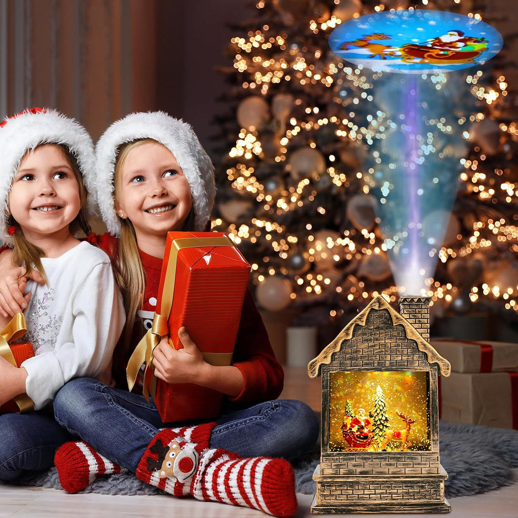Garma Lighted Christmas Snow Globes Musical Lantern with Timer, Train Water Lanterns Snowing Glittering Battery Operated, Christmas Santa Claus Musical Lighted Christmas Home Décor (House Lantern)