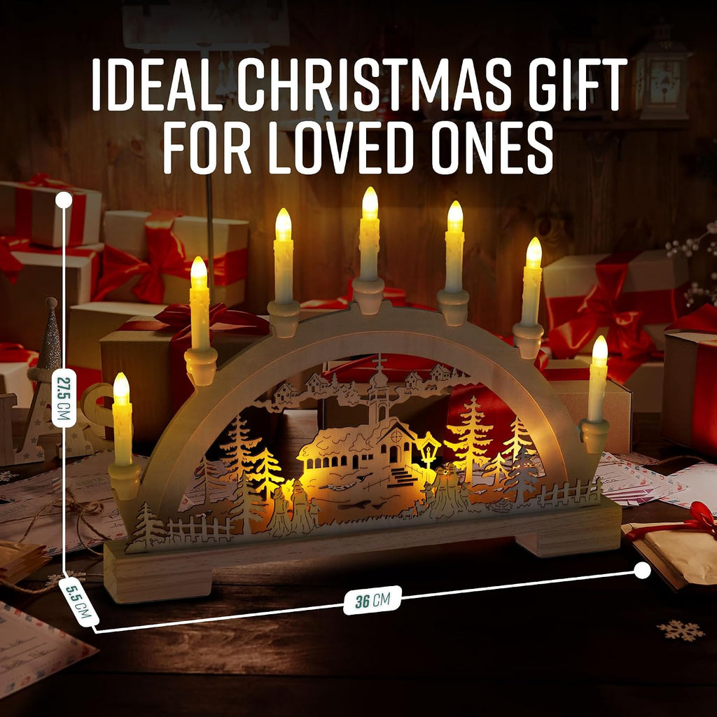 GloBrite Wooden Candle Bridge with 7 Warm White LED Candles | Battery Operated LED Lights Christmas Decorations | Arch Holders Candle Bridge for Indoor Home Decor