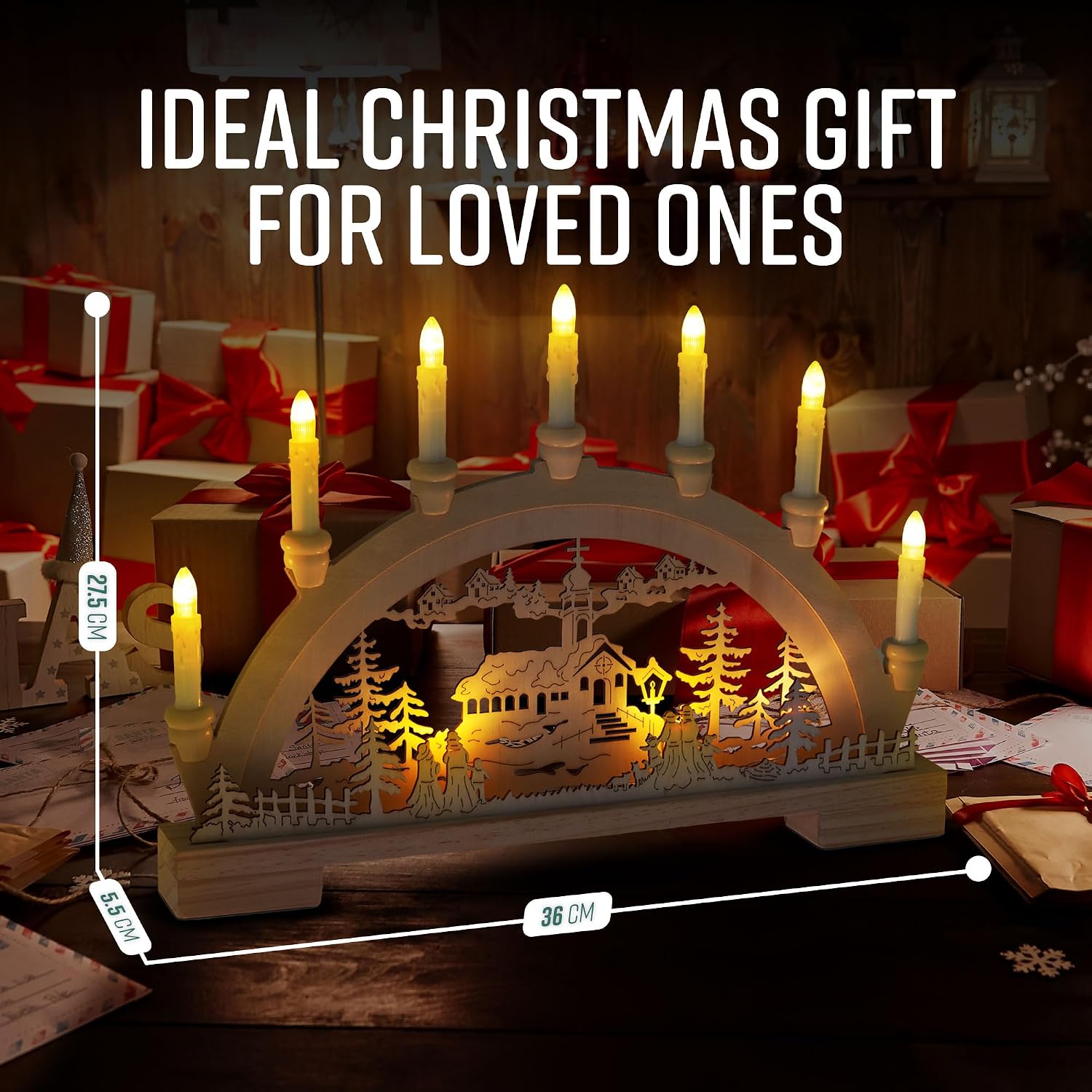 GloBrite Wooden Candle Bridge with 7 Warm White LED Candles | Battery Operated LED Lights Christmas Decorations | Arch Holders Candle Bridge for Indoor Home Decor