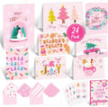 Decorably 24 Pack Foiled 6x4in Pink Christmas Cards with Envelopes and Stickers, 8 Elegant Holiday Designs Seasons Greetings for Family, Friends & Loved Ones with Printed Message, Gifting, Mailing