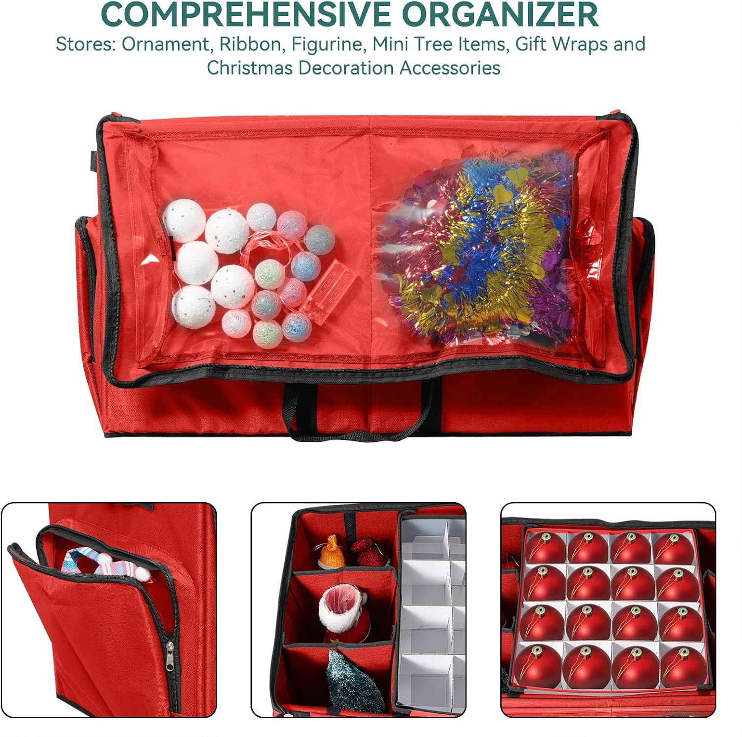 Christmas Ornament Storage Box,2-in-1 Christmas ornament organizer&Christmas Figurine Container,5 Trays,6 Adjustable Christmas Figurine Storage Grids,Red