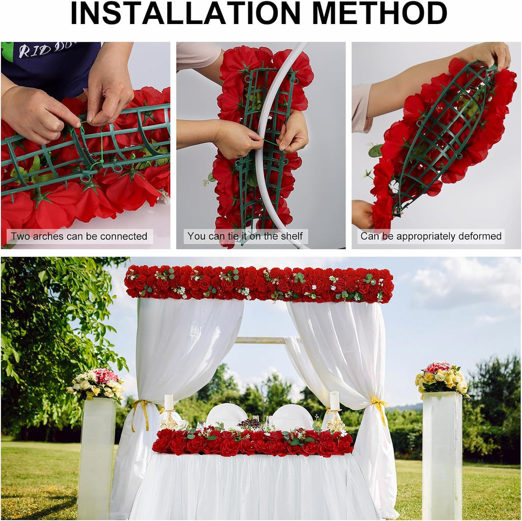 Wedding Arch Flowers 12PCS Artificial Red Wedding Arch Flowers, Faux Floral Panels with Green Leaves, Realistic Flower Swags for Wedding Ceremony Backdrop, Party, Table & Home Decor