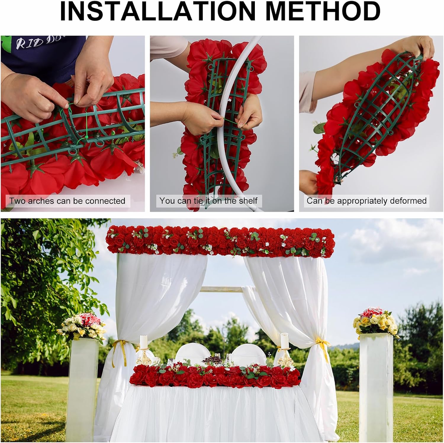 Wedding Arch Flowers 12PCS Artificial Red Wedding Arch Flowers, Faux Floral Panels with Green Leaves, Realistic Flower Swags for Wedding Ceremony Backdrop, Party, Table & Home Decor