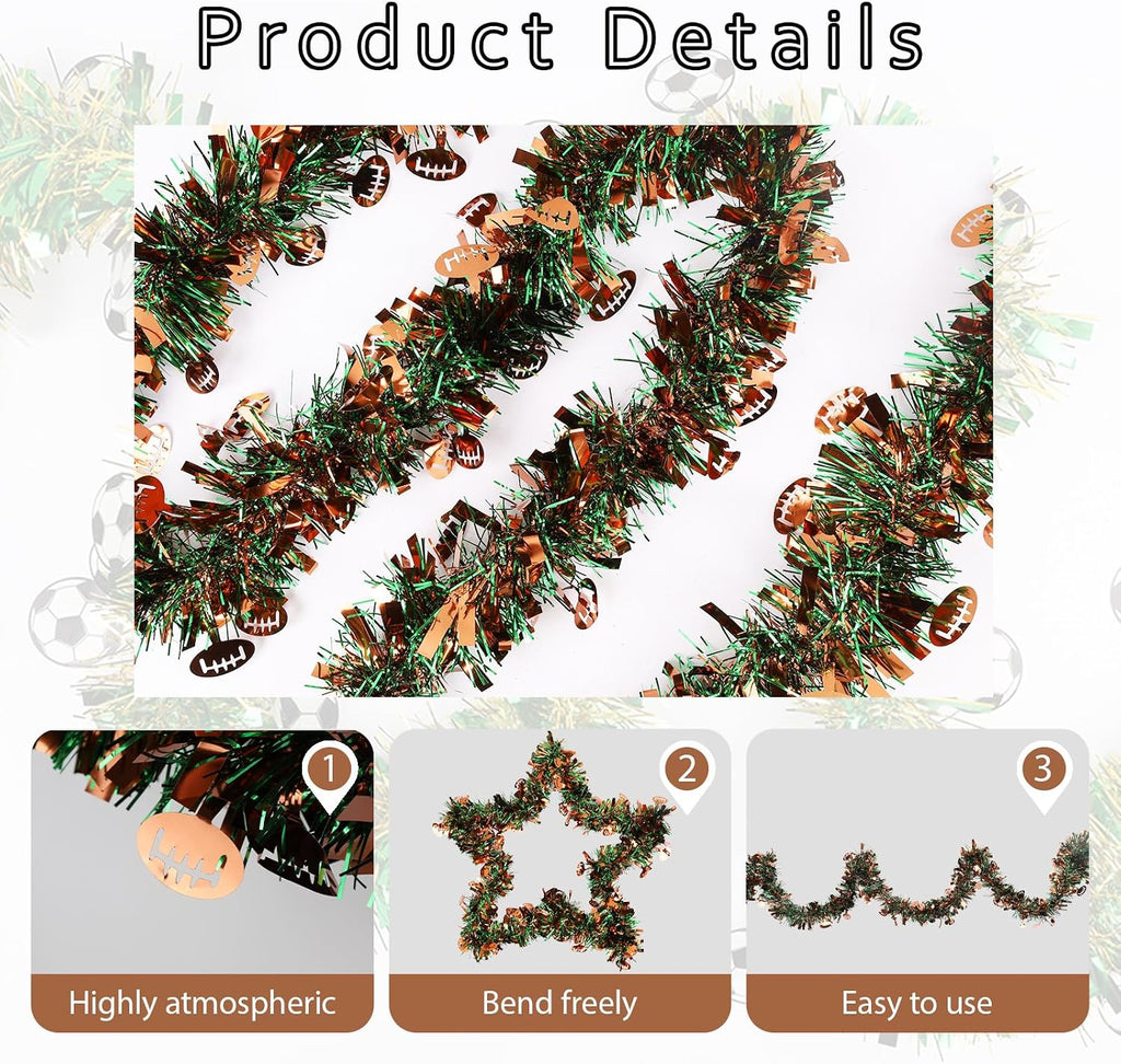 4Pcs Football Tinsel Garland Glitter Vine with Rugby for Football Party | Each 5.56 FT Glitter Hanging Metallic Foil Textured Vine with Rugby for Birthday Party Bowl Game Wall Decor