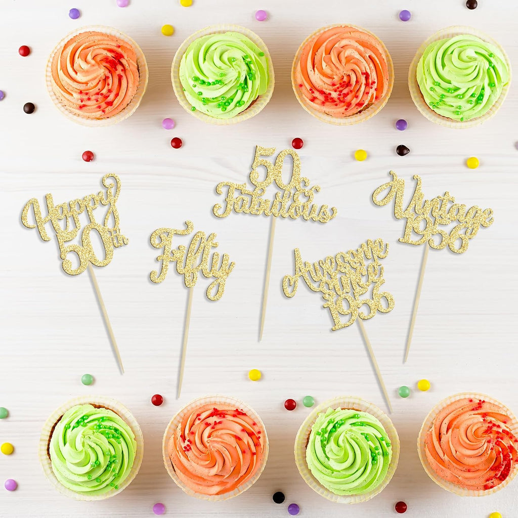 30Pcs Vintage 1976 Cupcake Toppers Glitter Fifty Happy 50th Birthday 50 Fabulous Cupcake Picks Cheers to 50 Years for 50th Birthday Wedding Anniversary Party Cake Decorations Supplies Gold