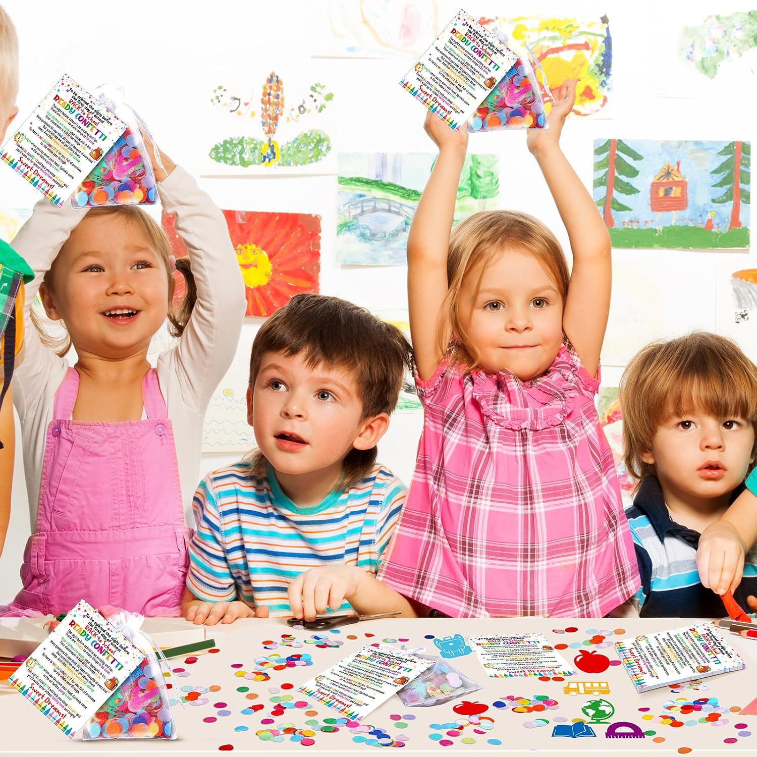 AmazingSpark 24 Sets Ready Confetti Back to School Supplies Magic Jitter Glitter with Poem Cards Organza Bags First Day of School Confetti Anxiety Relief Favor Gifts for Teachers(Classic)