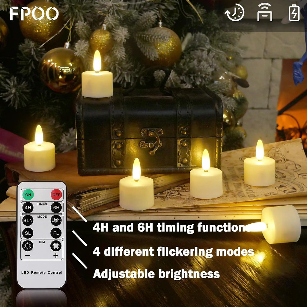 FPOO Rechargeable Tea Lights with Remote Timer, 6 Flameless Votive Candles | USB Rechargeable with remote, 4H/6H timer, and warm LED flicker for votive holders, lanterns, and small spaces.