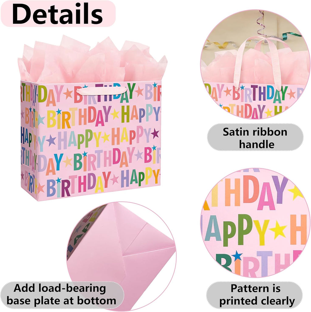 Yusenguan 13" Pink Happy Birthday Gift Bag, Colorful Lettering Design with Card, Tissue Paper and Sturdy Handles for Kids & Adults Birthday Parties