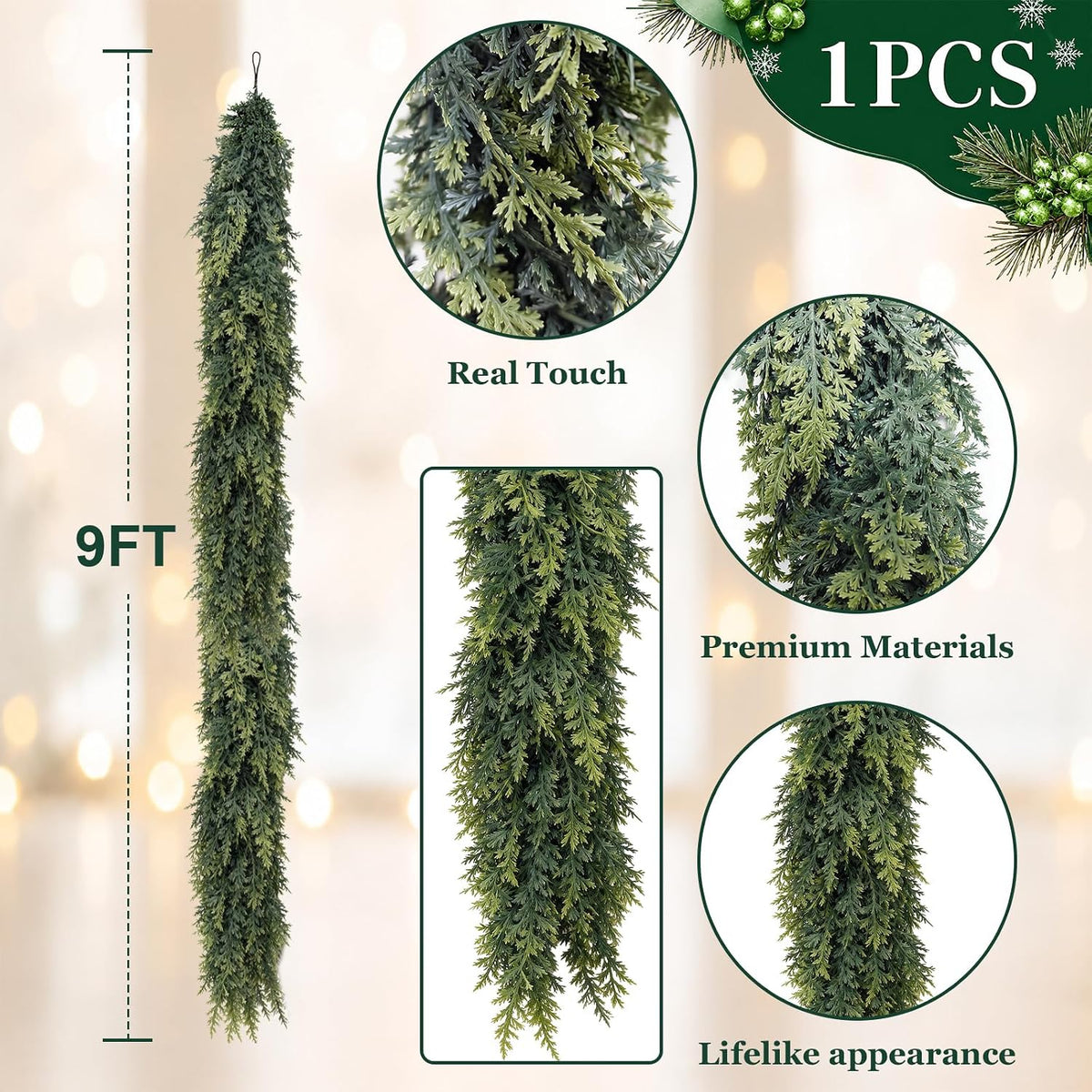 9ft christmas cedar garland, realistic artificial pine greenery shown in use