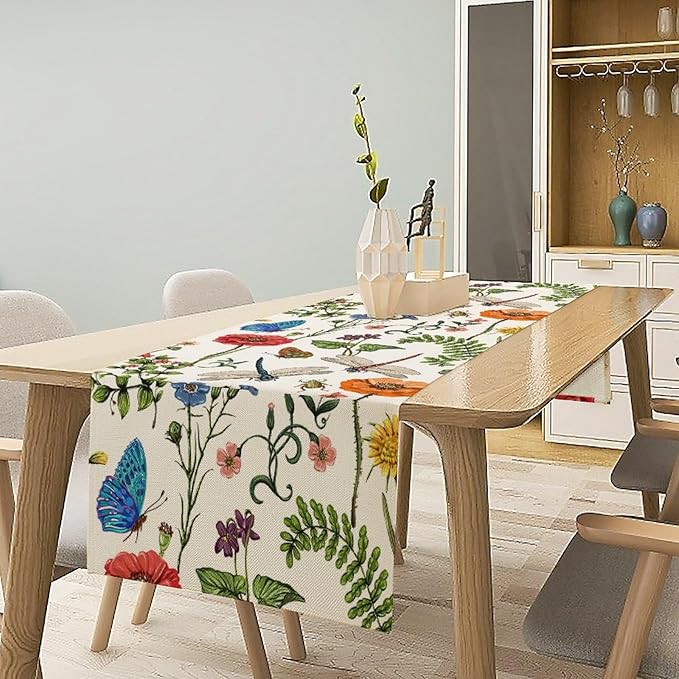 Vintage Botanical Flowers Table Runner, Seasonal Summer Plants Florals Butterfly Dinner Runner for Home Kitchen Dining Table Party Holiday Decoration 13"x70"